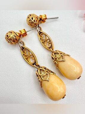 Vintage Filigree Glowing Celluloid? Teardrop Earrings Romantic Coquette Feminine